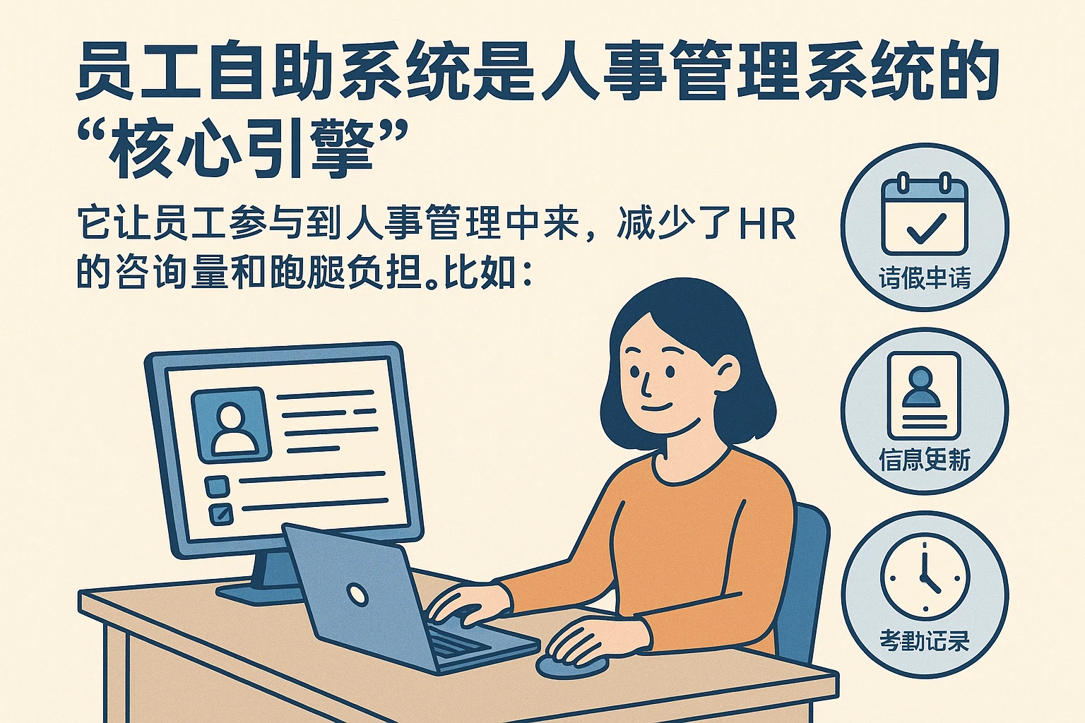员工自助系统是人事管理系统的“核心引擎”，它让员工参与到人事管理中来，减少了HR的咨询量和跑腿负担。比如：