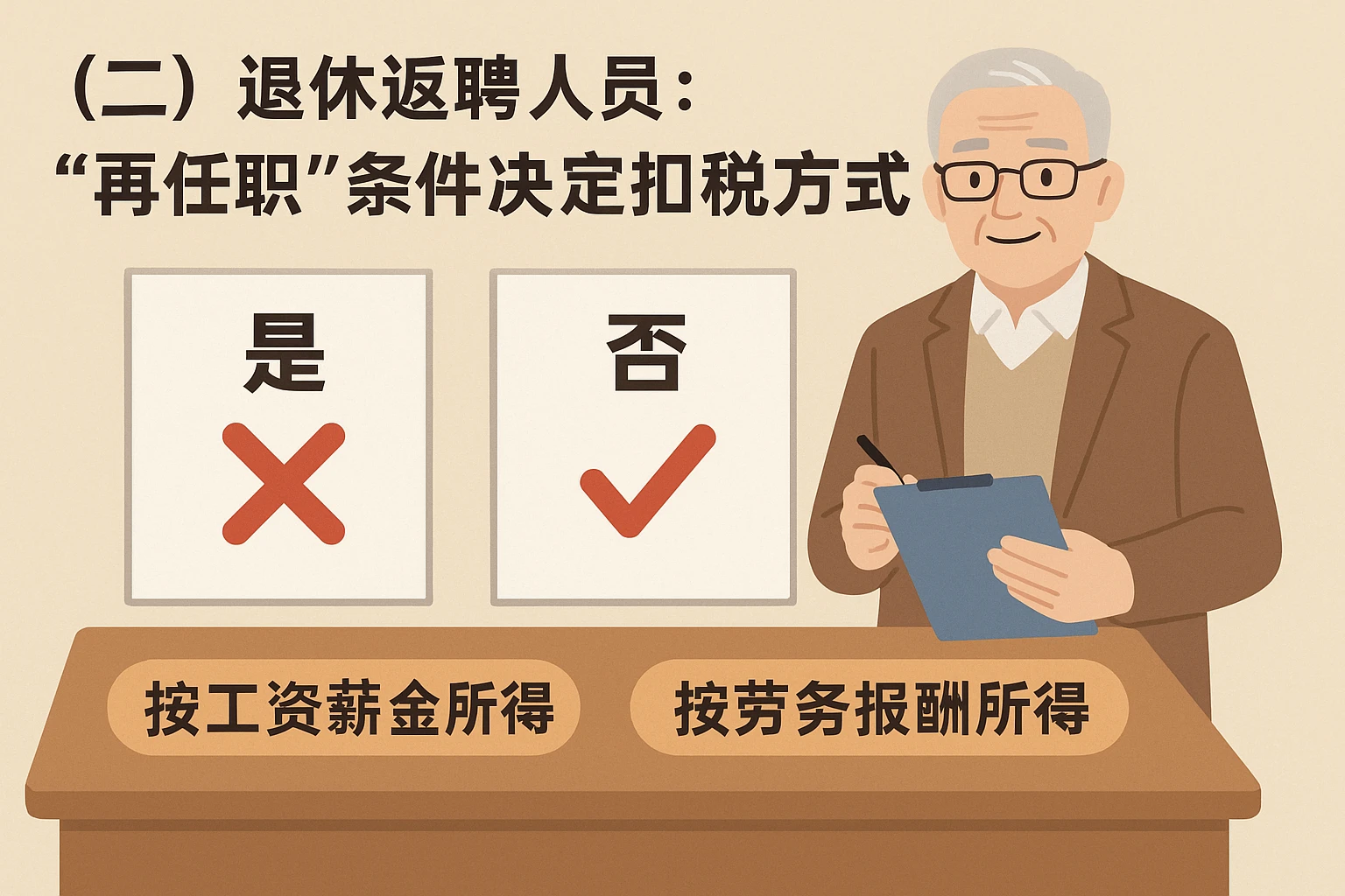 （二）退休返聘人员：“再任职”条件决定扣税方式