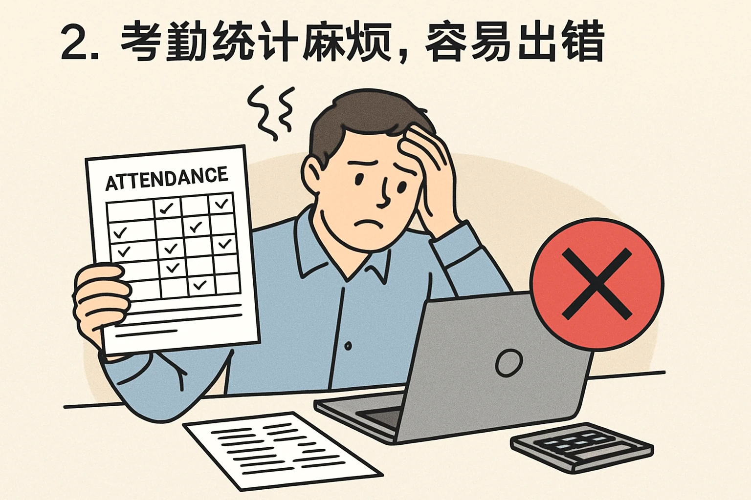 2. 考勤统计麻烦，容易出错