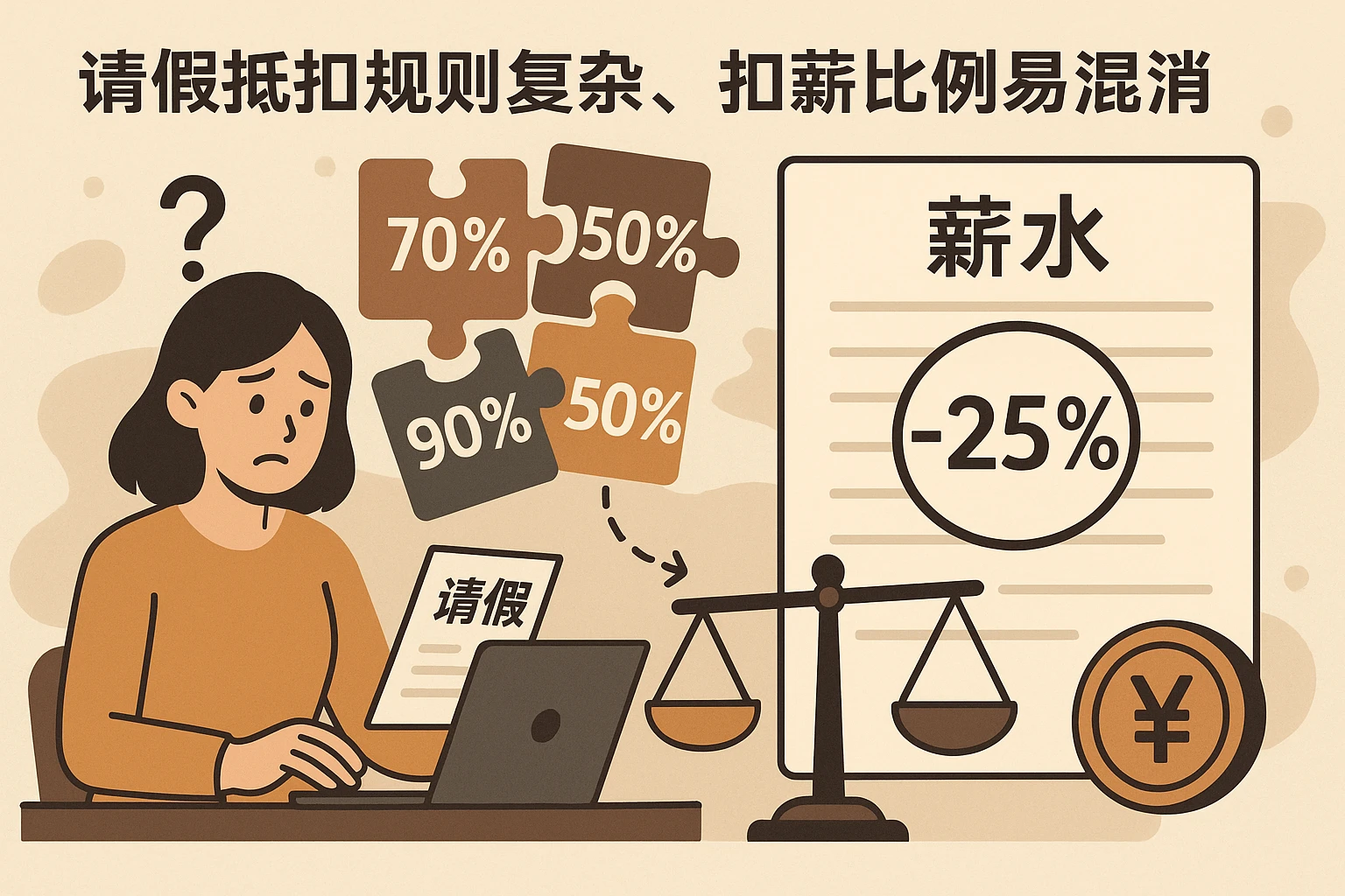 2. 请假抵扣规则复杂，扣薪比例易混淆