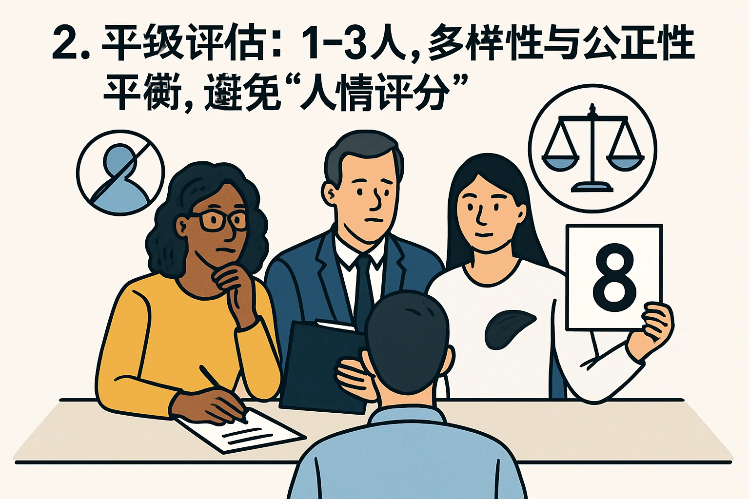 2. 平级评估：1-3人，多样性与公正性的平衡，避免“人情评分”
