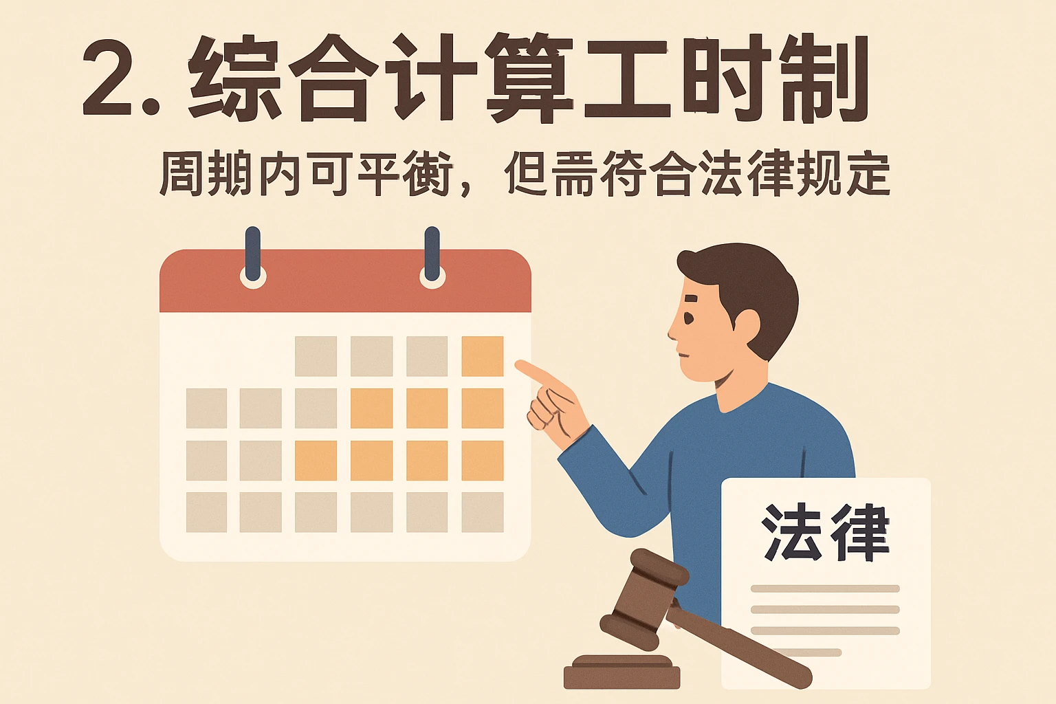 2. 综合计算工时制：周期内可平衡，但需符合法律规定