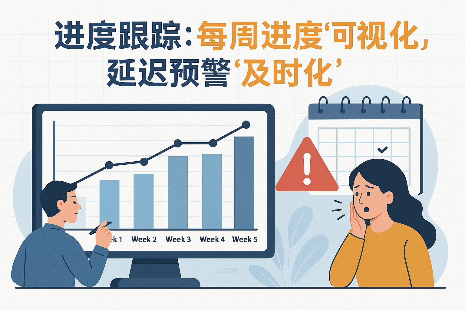 2. 进度跟踪：每周进度“可视化”，延迟预警“及时化”