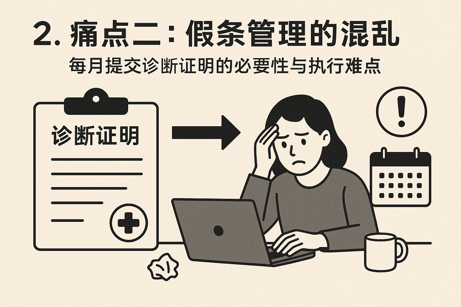 2. 痛点二：假条管理的混乱——每月提交诊断证明的必要性与执行难点