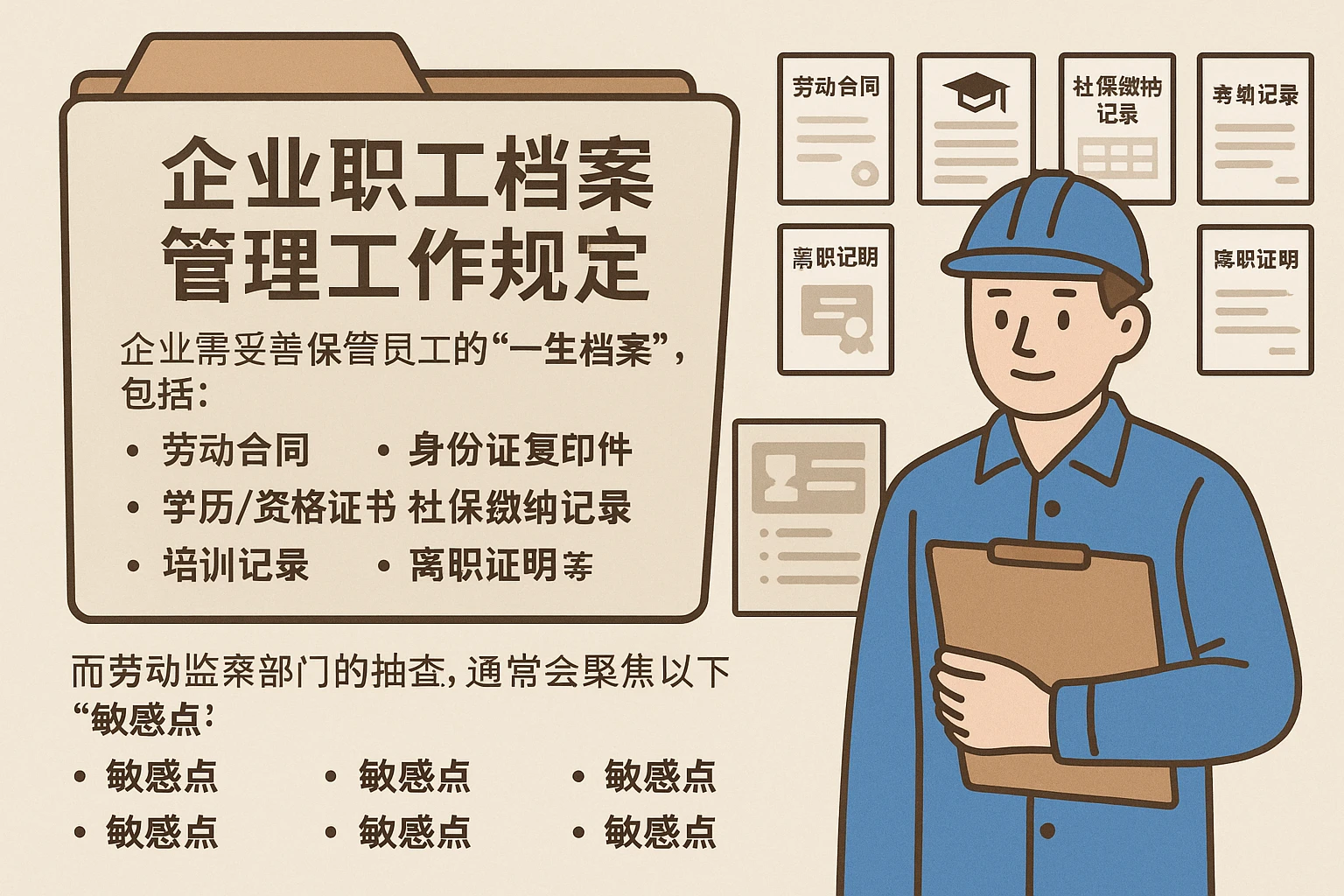 根据《企业职工档案管理工作规定》，企业需妥善保管员工的“一生档案”，包括：劳动合同、身份证复印件、学历/资格证书、社保缴纳记录、培训记录、考勤记录、离职证明等。而劳动监察部门的抽查，通常会聚焦以下“敏感点”：