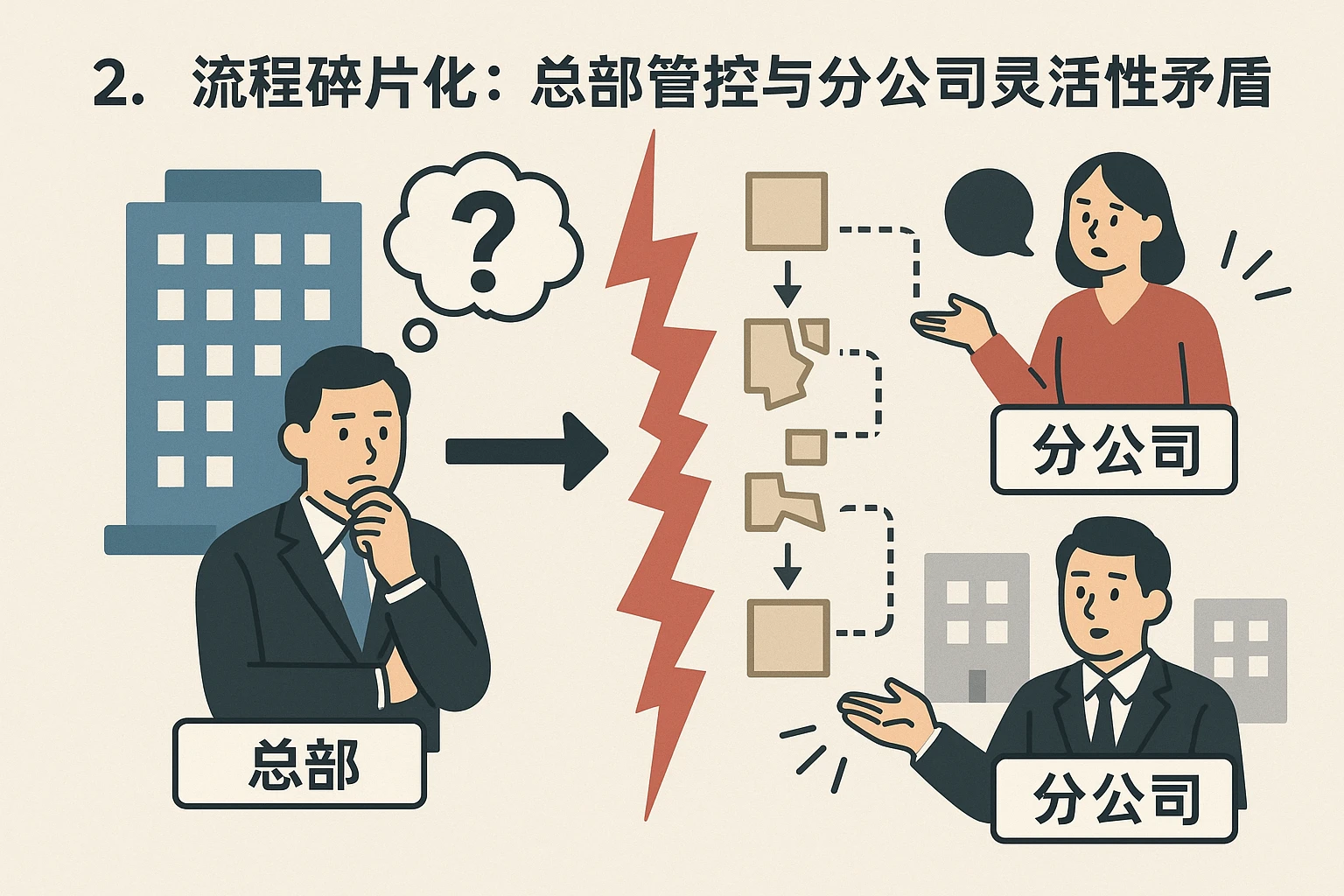 2. 流程碎片化：总部管控与分公司灵活性矛盾