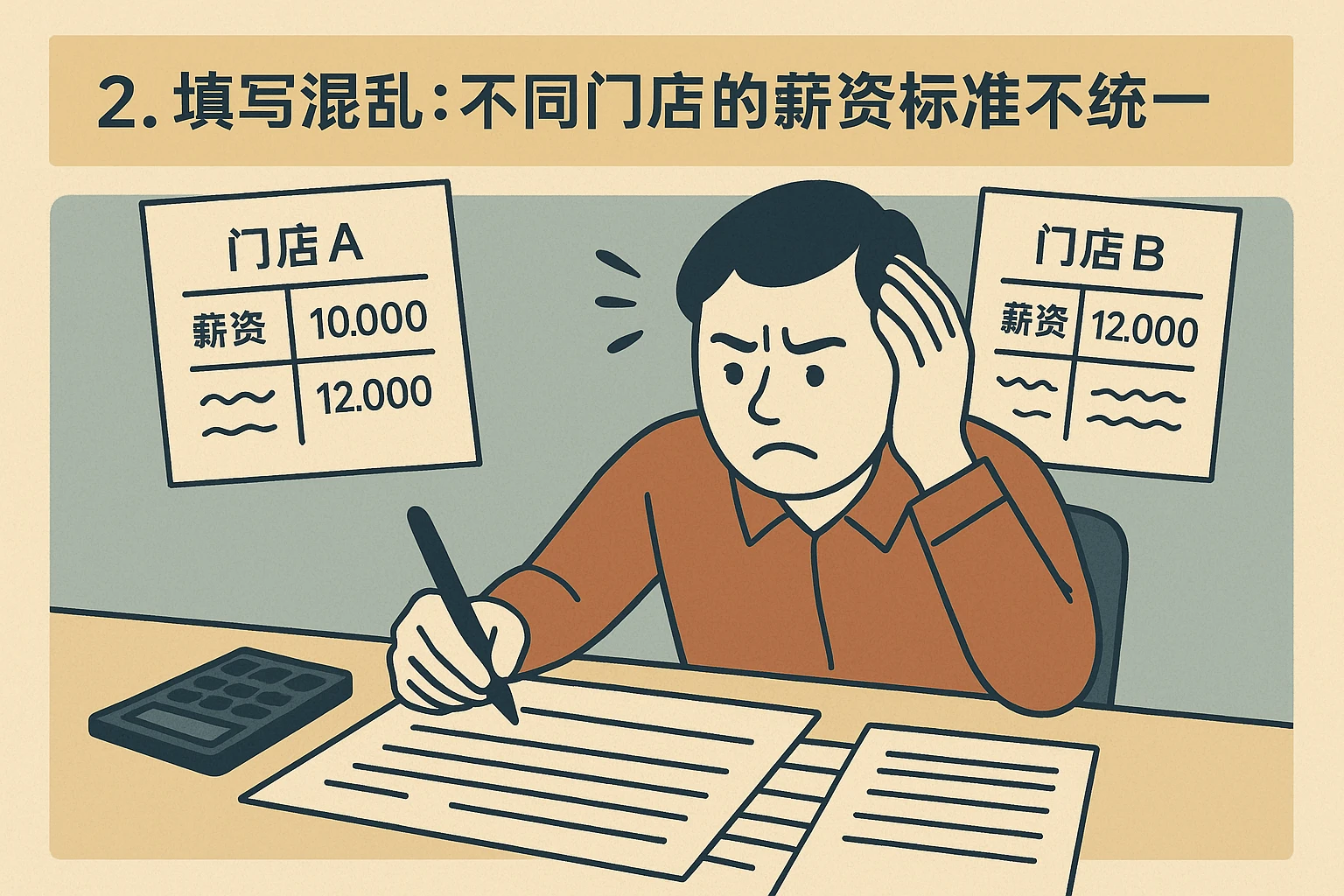 2. 填写混乱：不同门店的薪资标准不统一