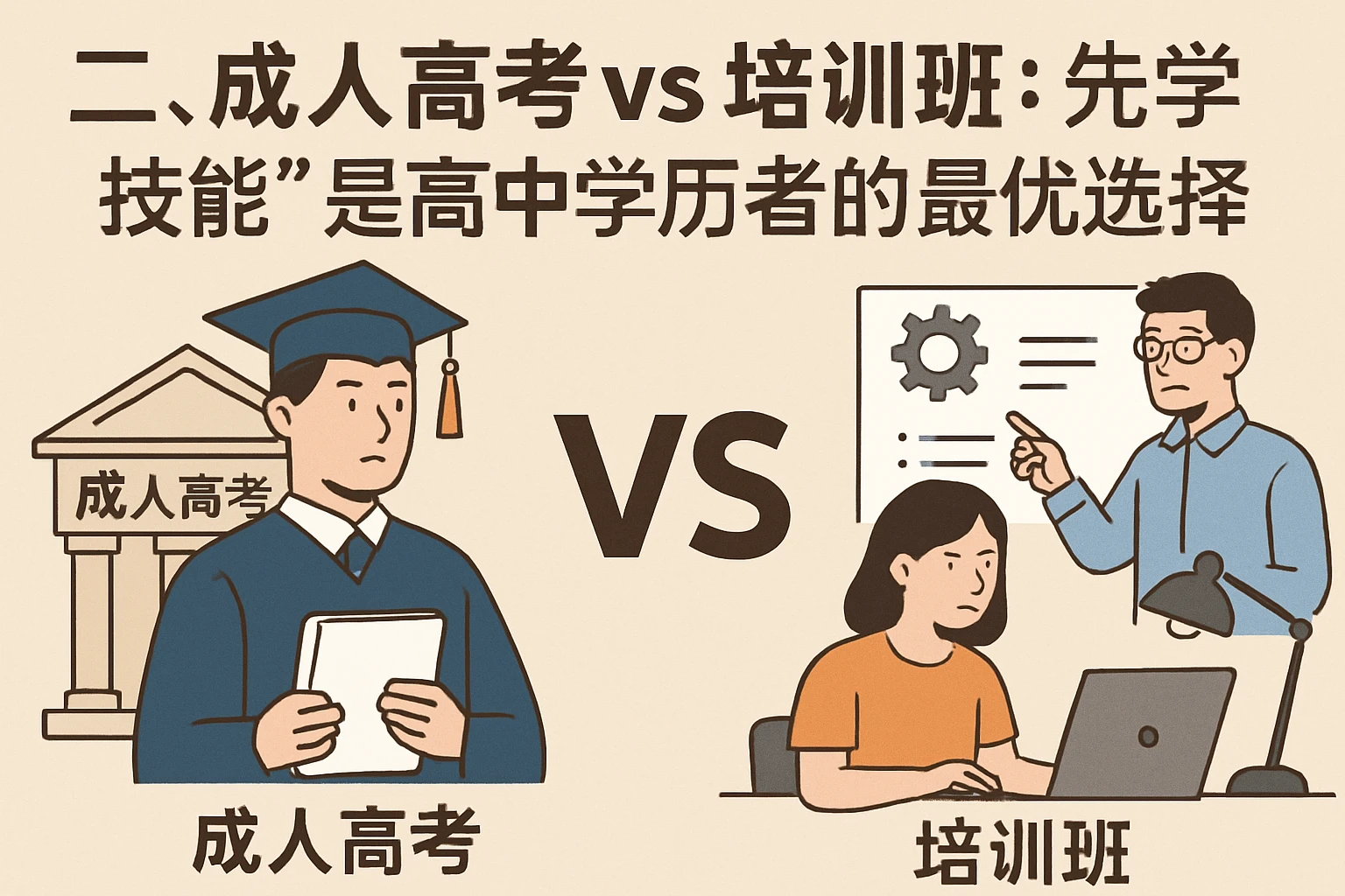 二、成人高考vs培训班：“先学技能”是高中学历者的最优选择