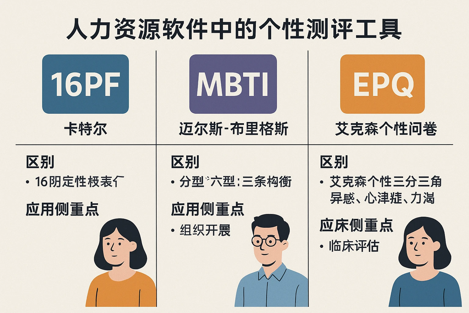 人力资源软件中的个性测评工具：卡特尔16PF、MBTI、艾克森个性问卷的区别与应用侧重点