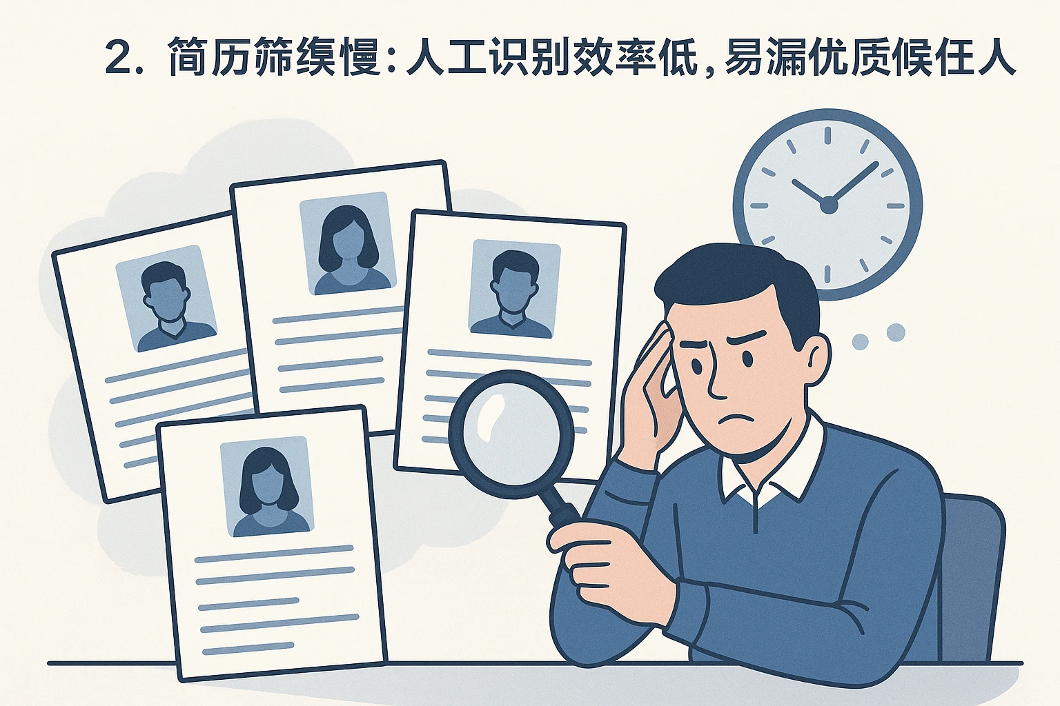 2. 简历筛选慢：人工识别效率低，易漏优质候选人