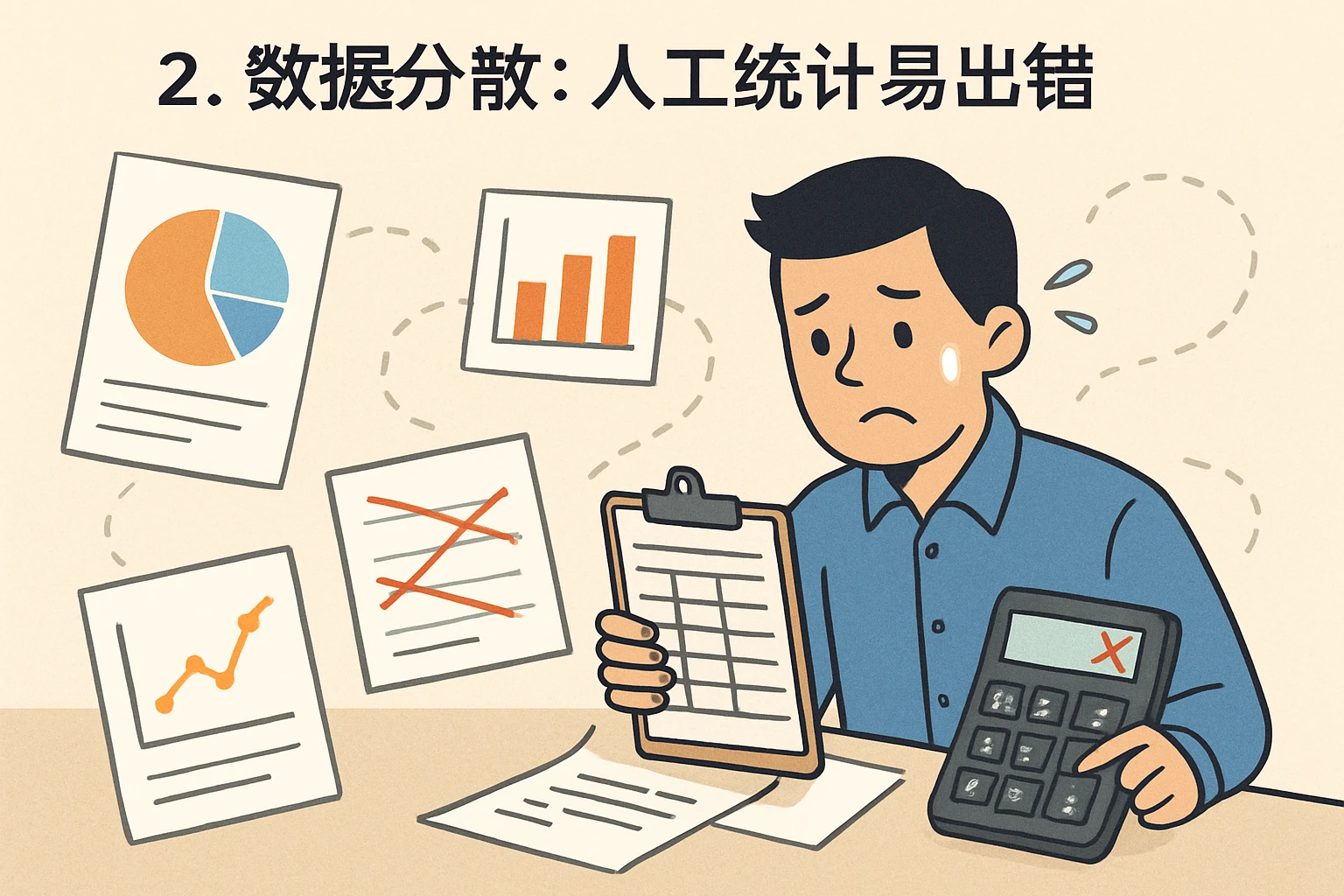 2. 数据分散：人工统计易出错