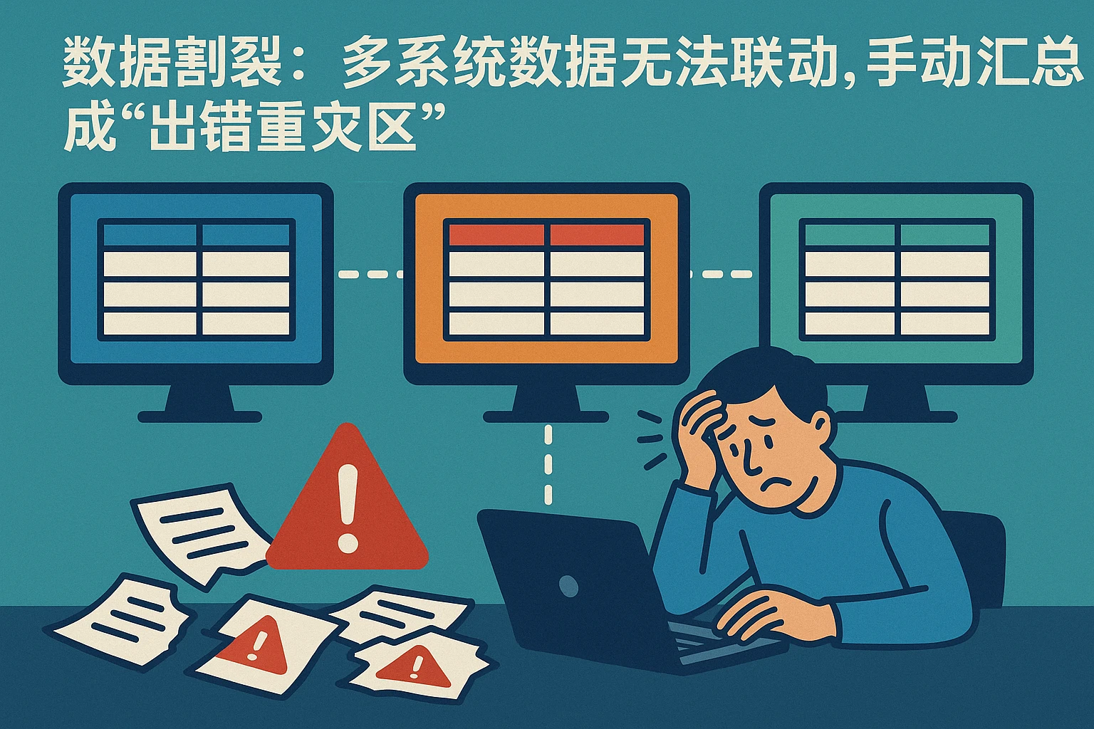 1. 数据割裂：多系统数据无法联动，手动汇总成“出错重灾区”