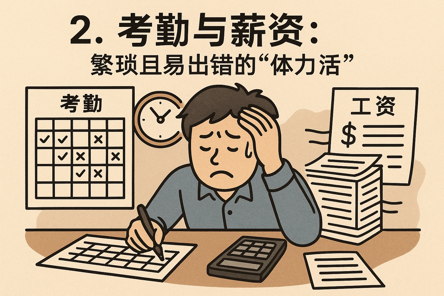 2. 考勤与薪资：繁琐且易出错的“体力活”