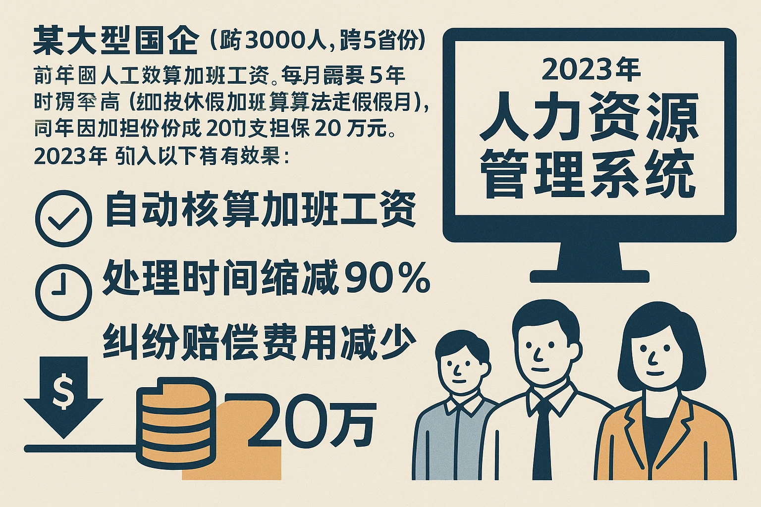 某大型国企（员工数量5000人，跨3个省份运营）之前采用人工核算加班工资，每月需要10名HR花费5天时间处理，错误率达15%（如把休息日加班算成法定节假日），每年因加班纠纷产生的赔偿费用达20万元。2023年，该企业引入了针对国企设计的人力资源管理系统，实现了以下效果：