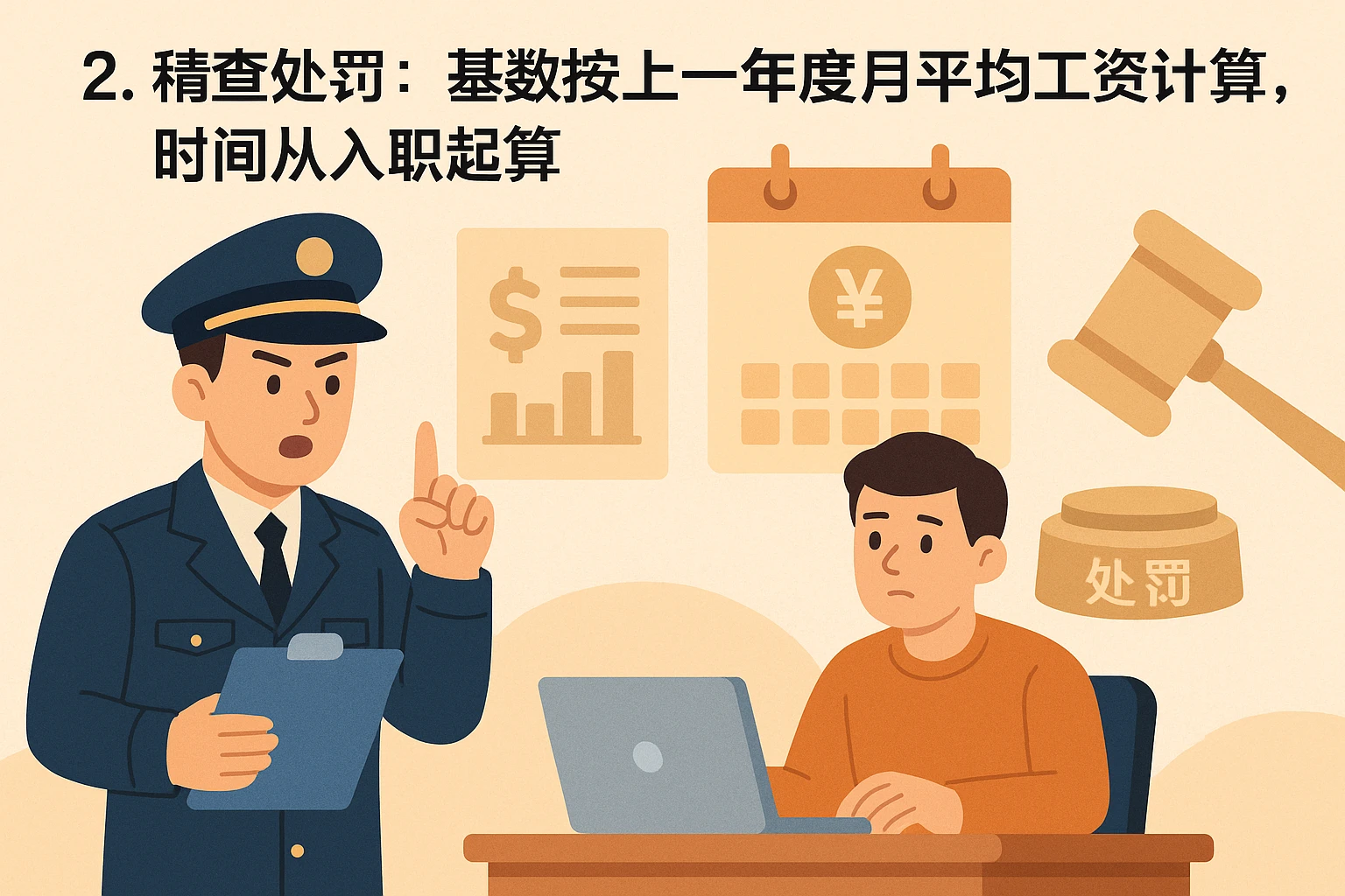 2. 稽查处罚：基数按上一年度月平均工资计算，时间从入职起算