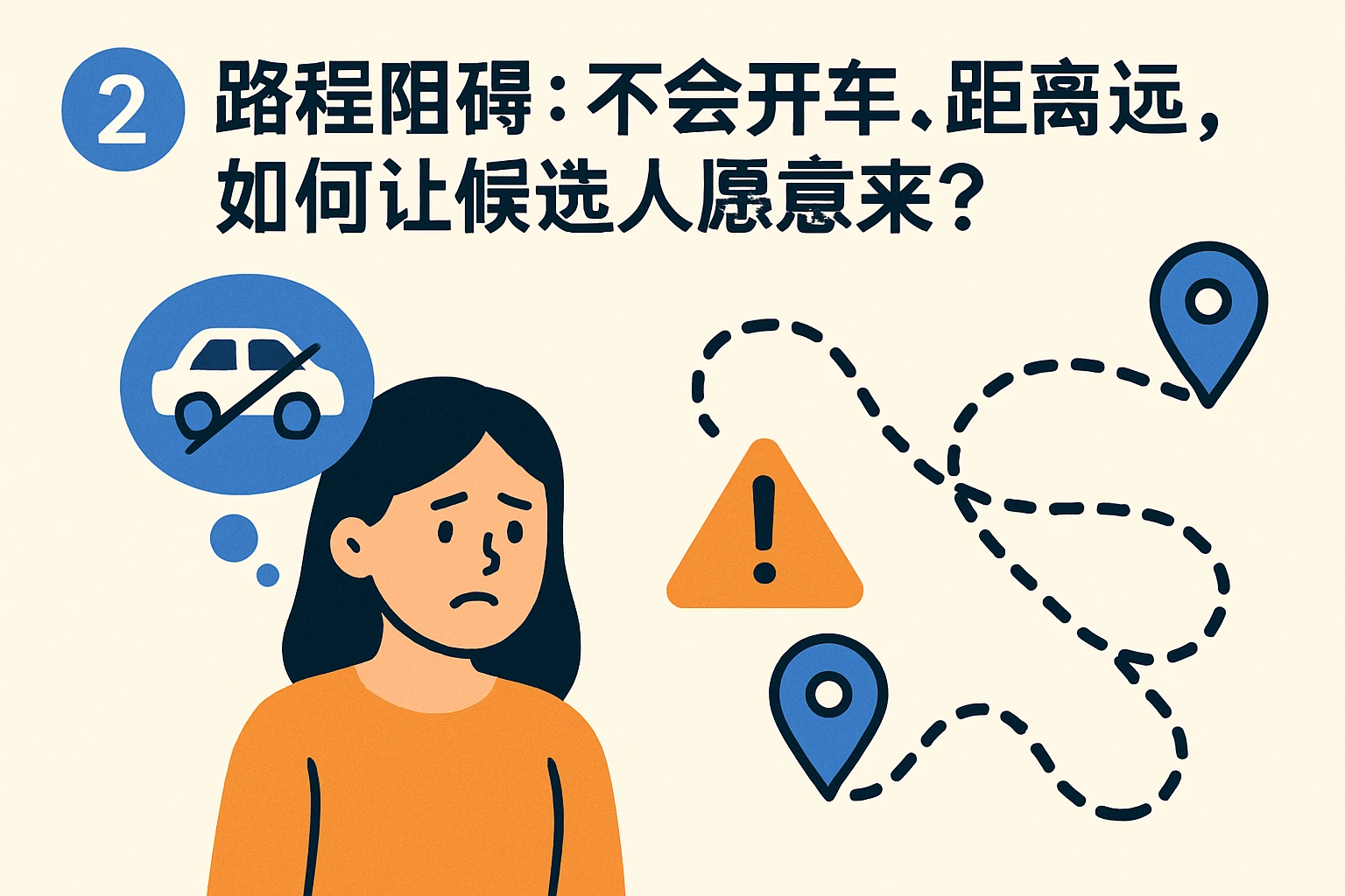 2. 路程阻碍：不会开车、距离远，如何让候选人愿意来？