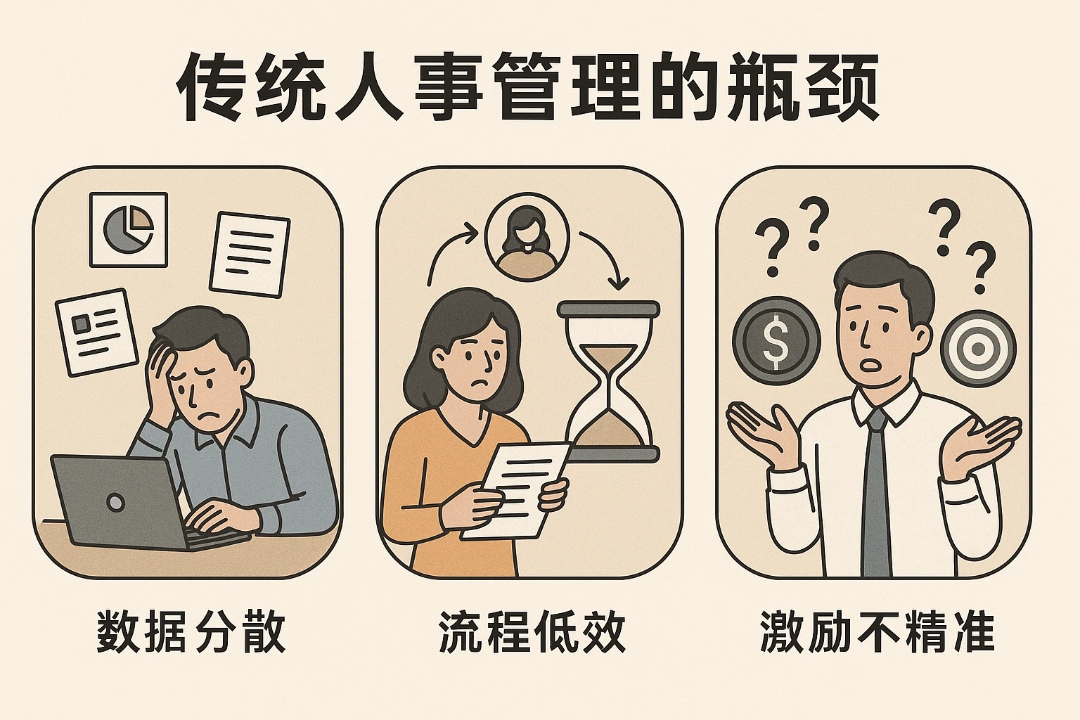 2. 传统人事管理的瓶颈：数据分散、流程低效、激励不精准