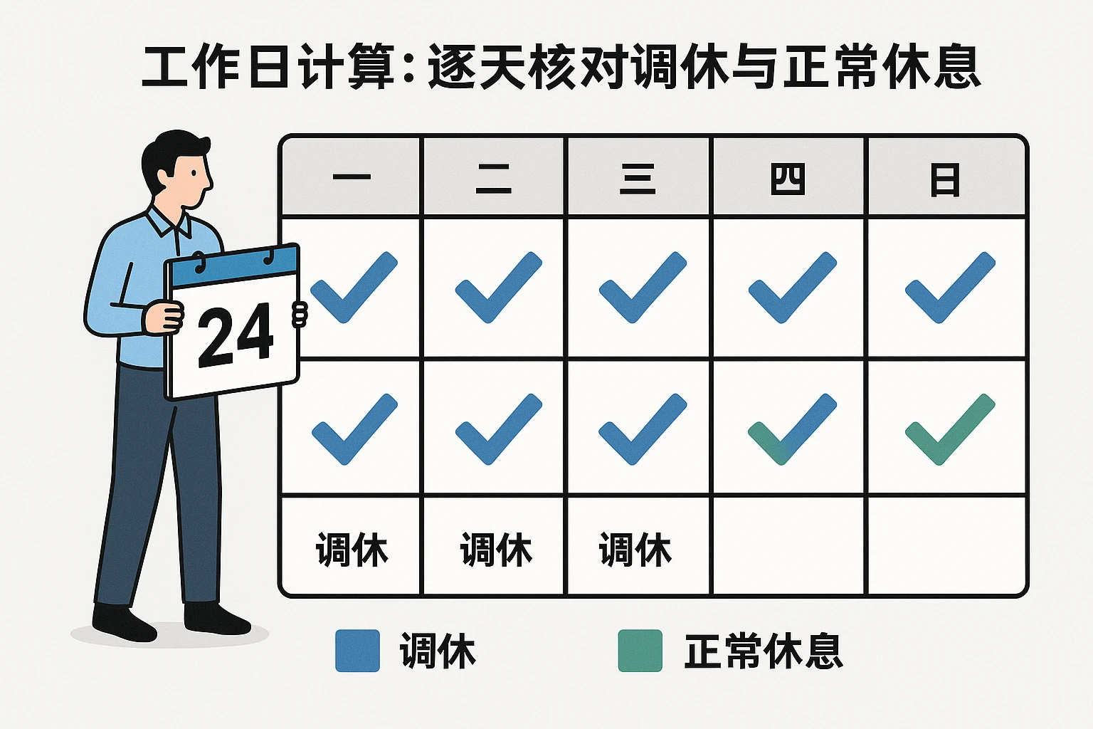 2. 工作日计算：逐天核对调休与正常休息