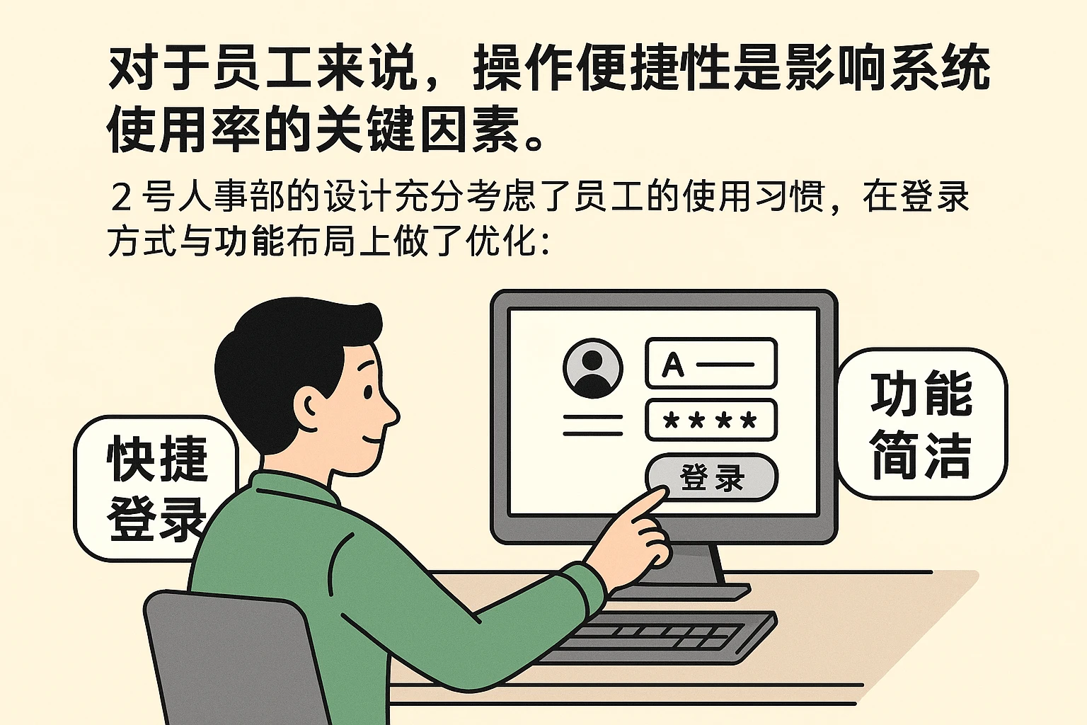 对于员工来说，操作便捷性是影响系统使用率的关键因素。2号人事部的设计充分考虑了员工的使用习惯，在登陆方式与功能布局上做了优化：