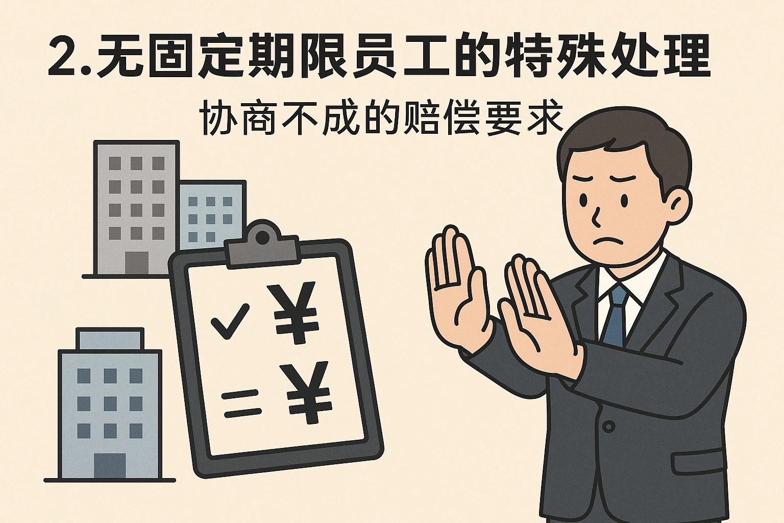2. 无固定期限员工的特殊处理：协商不成的赔偿要求
