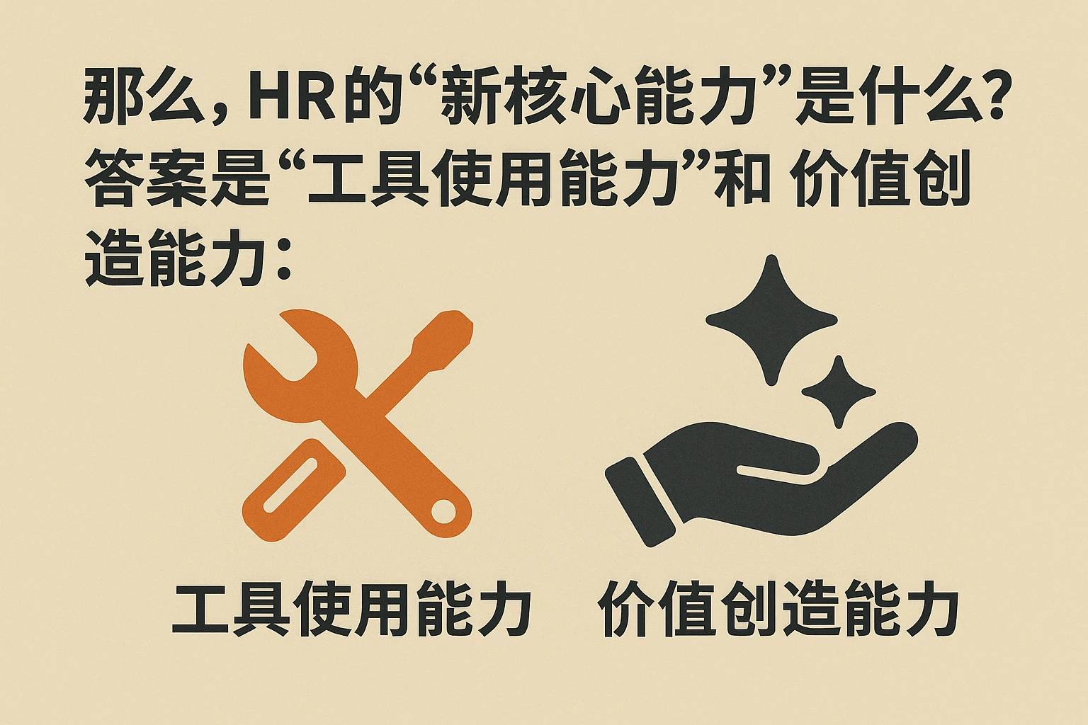 那么，HR的“新核心能力”是什么？答案是“工具使用能力”和“价值创造能力”：