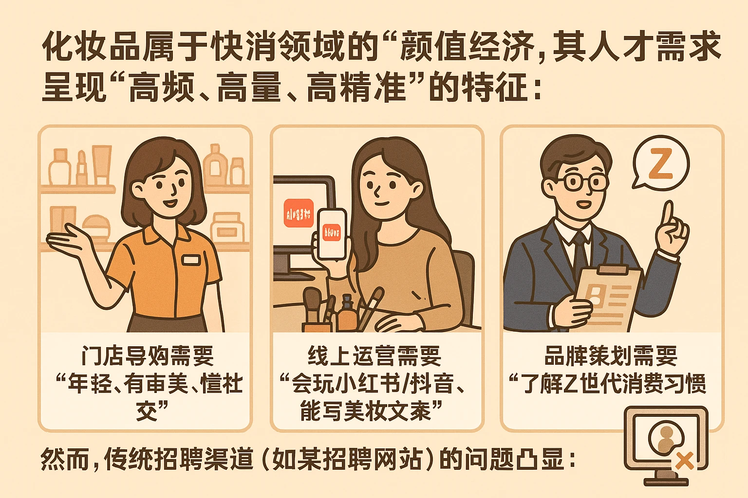 化妆品属于快消领域的“颜值经济”，其人才需求呈现“高频、高量、高精准”的特征：门店导购需要“年轻、有审美、懂社交”，线上运营需要“会玩小红书/抖音、能写美妆文案”，品牌策划需要“了解Z世代消费习惯”。然而，传统招聘渠道（如某招聘网站）的问题凸显：