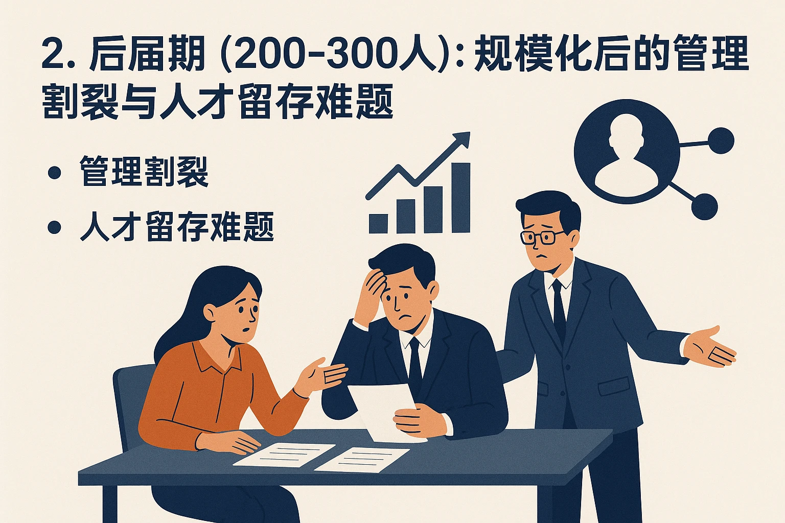 2. 后期（200-300人）：规模化后的管理割裂与人才留存难题