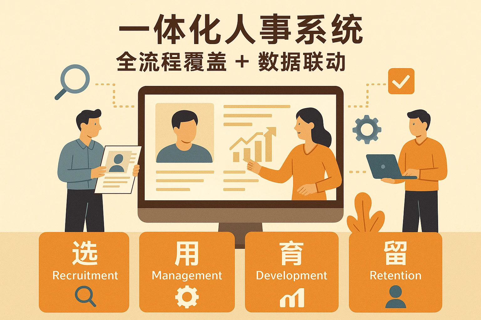 一体化人事系统的核心是“全流程覆盖+数据联动”，其功能框架围绕“选、用、育、留”四大环节设计：