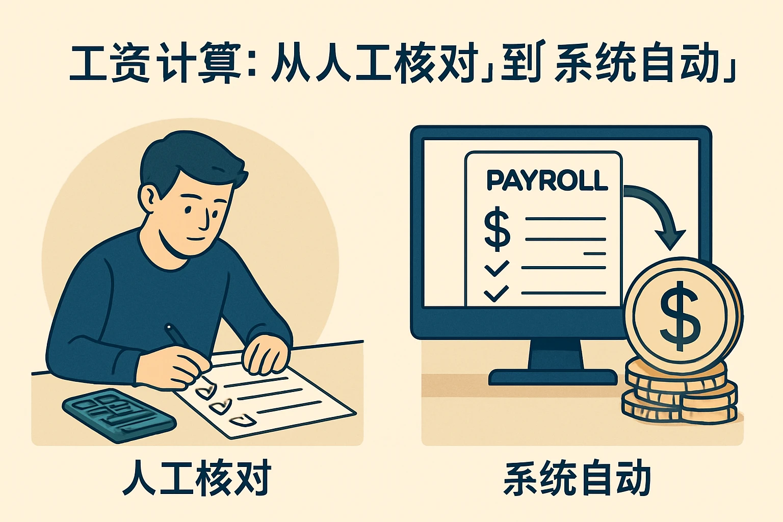 2. 工资计算：从“人工核对”到“系统自动”