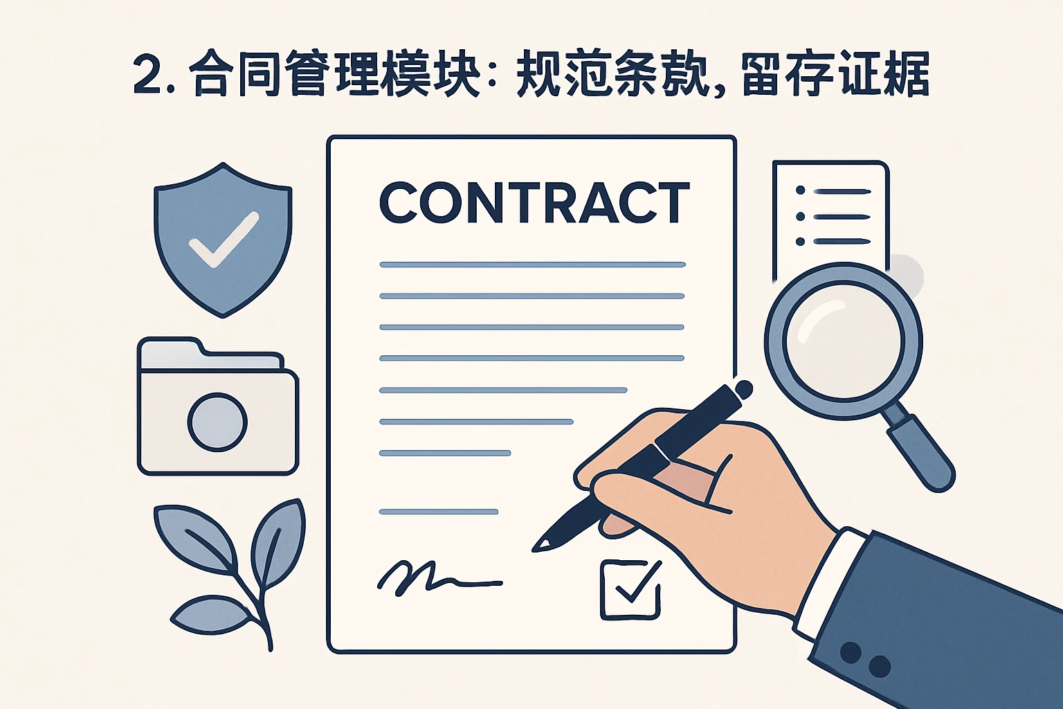 2. 合同管理模块：规范条款，留存证据