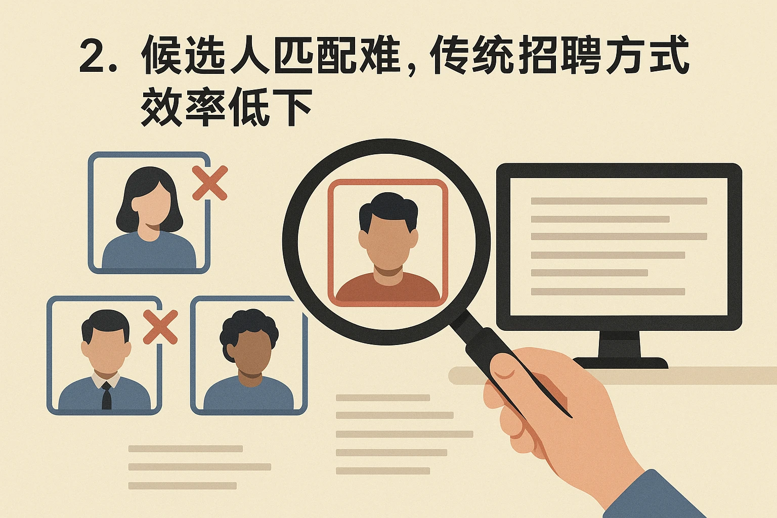 2. 候选人匹配难，传统招聘方式效率低下