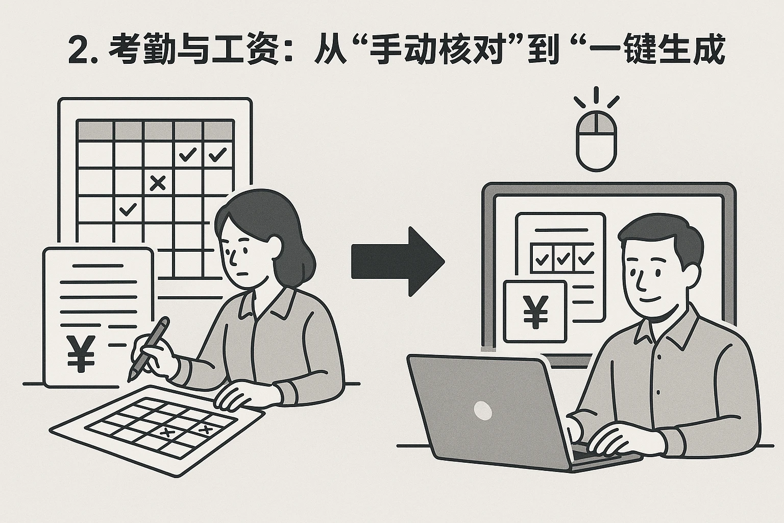 2. 考勤与工资：从“手动核对”到“一键生成”