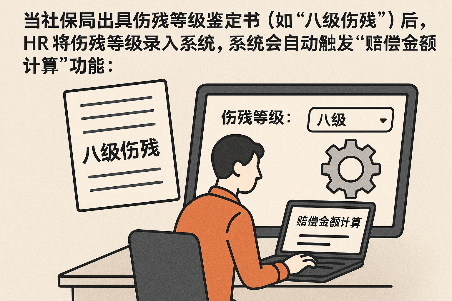 当社保局出具伤残等级鉴定书（如“八级伤残”）后，HR将伤残等级录入系统，系统会自动触发“赔偿金额计算”功能：