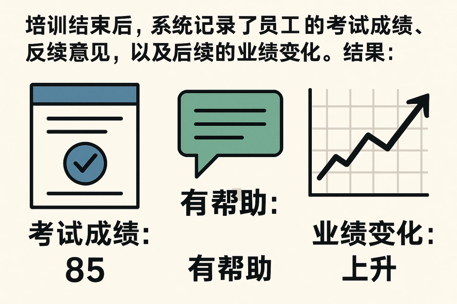 培训结束后，系统记录了员工的考试成绩、反馈意见，以及后续的业绩变化。结果：