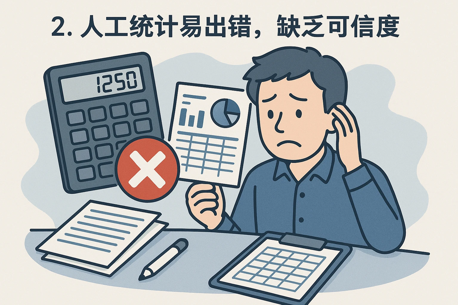 2. 人工统计易出错，缺乏可信度