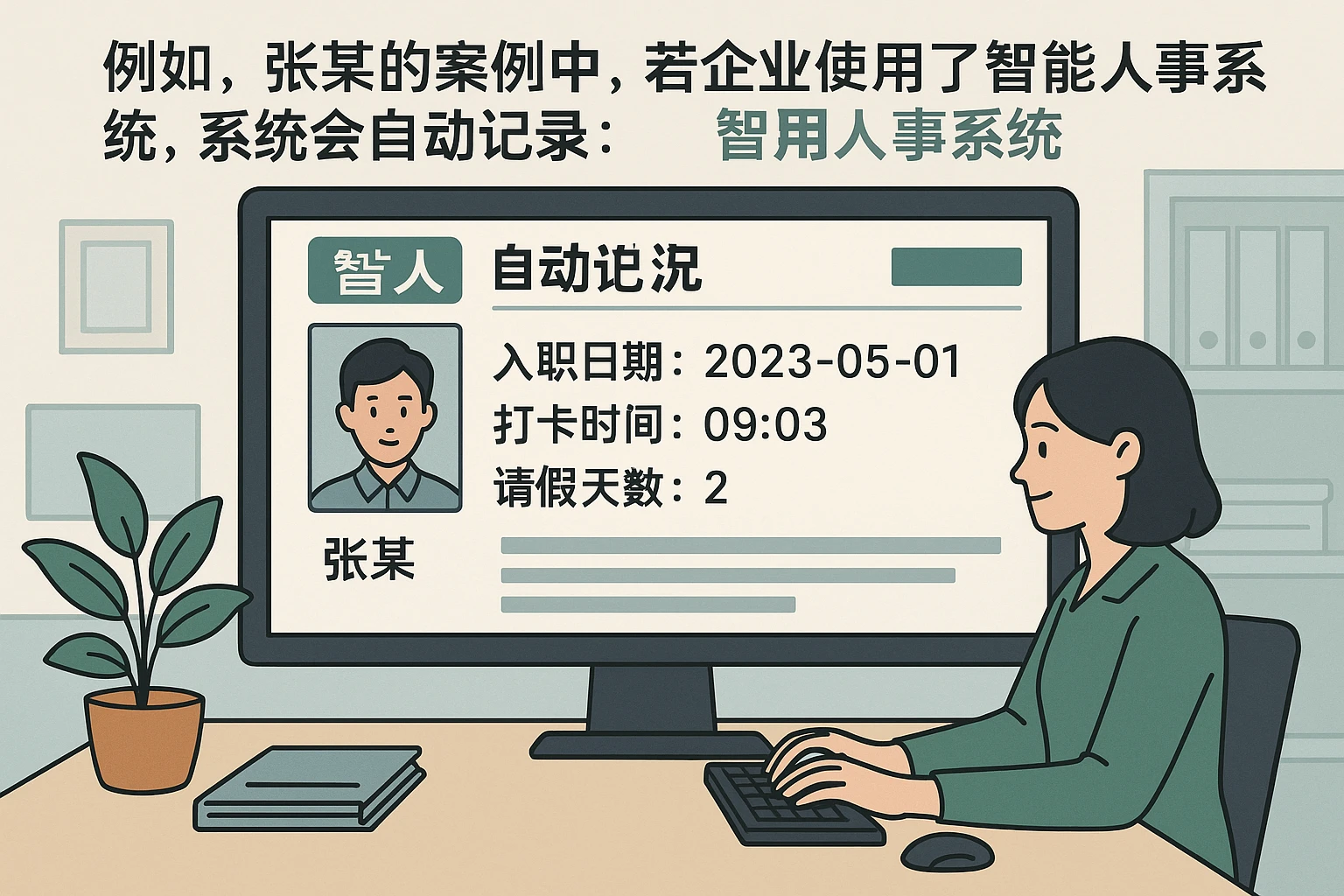 例如，张某的案例中，若企业使用了智能人事系统，系统会自动记录：