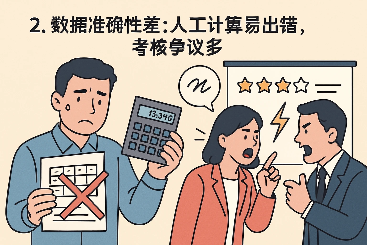 2. 数据准确性差：人工计算易出错，考核争议多