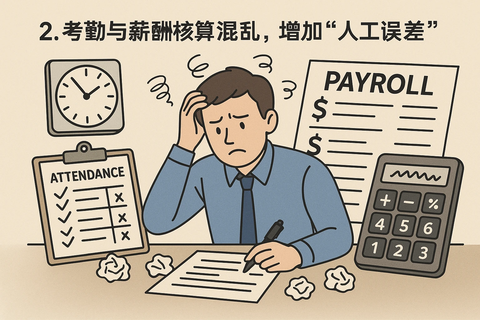 2. 考勤与薪酬核算混乱，增加“人工误差”