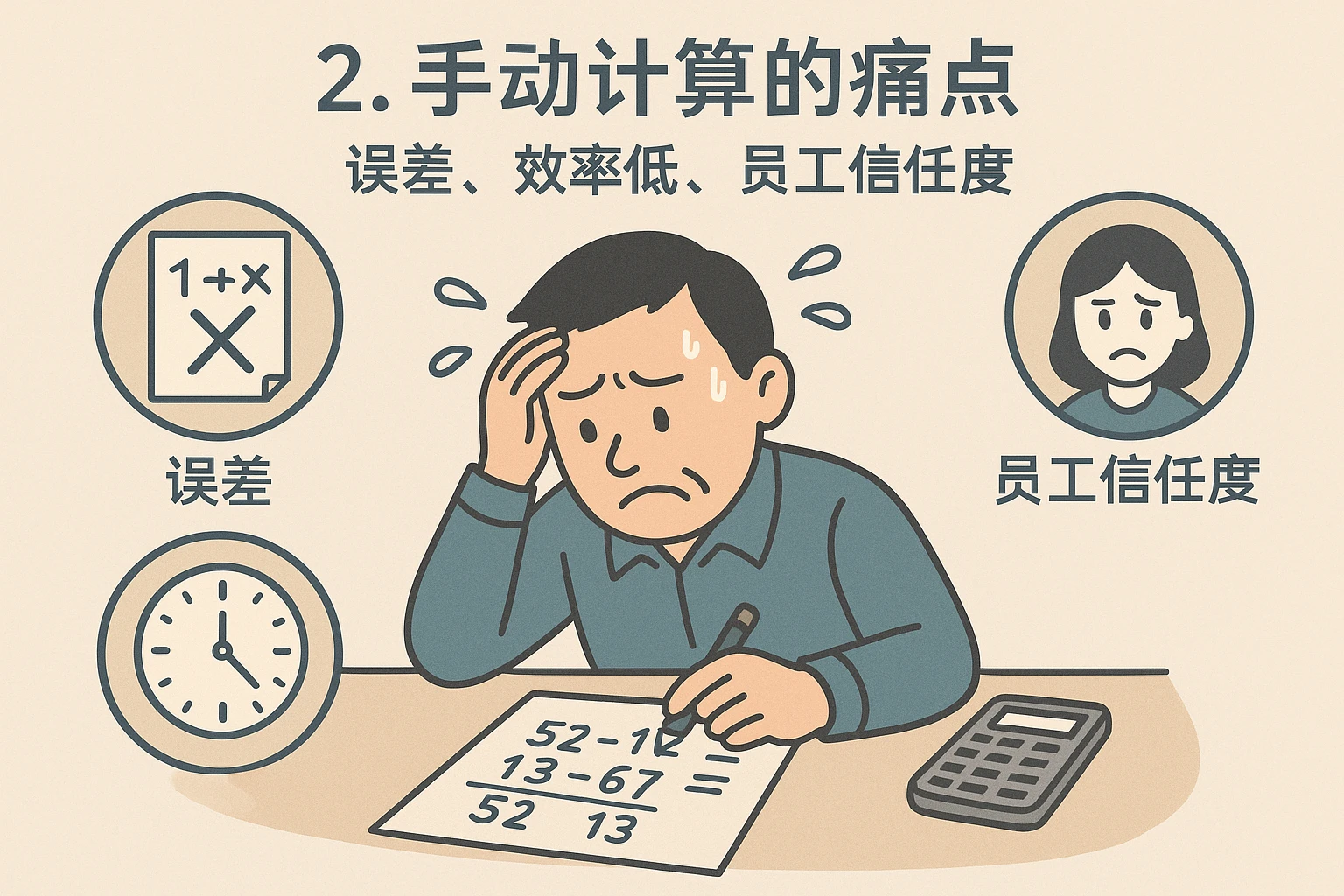 2. 手动计算的痛点：误差、效率低、员工信任度