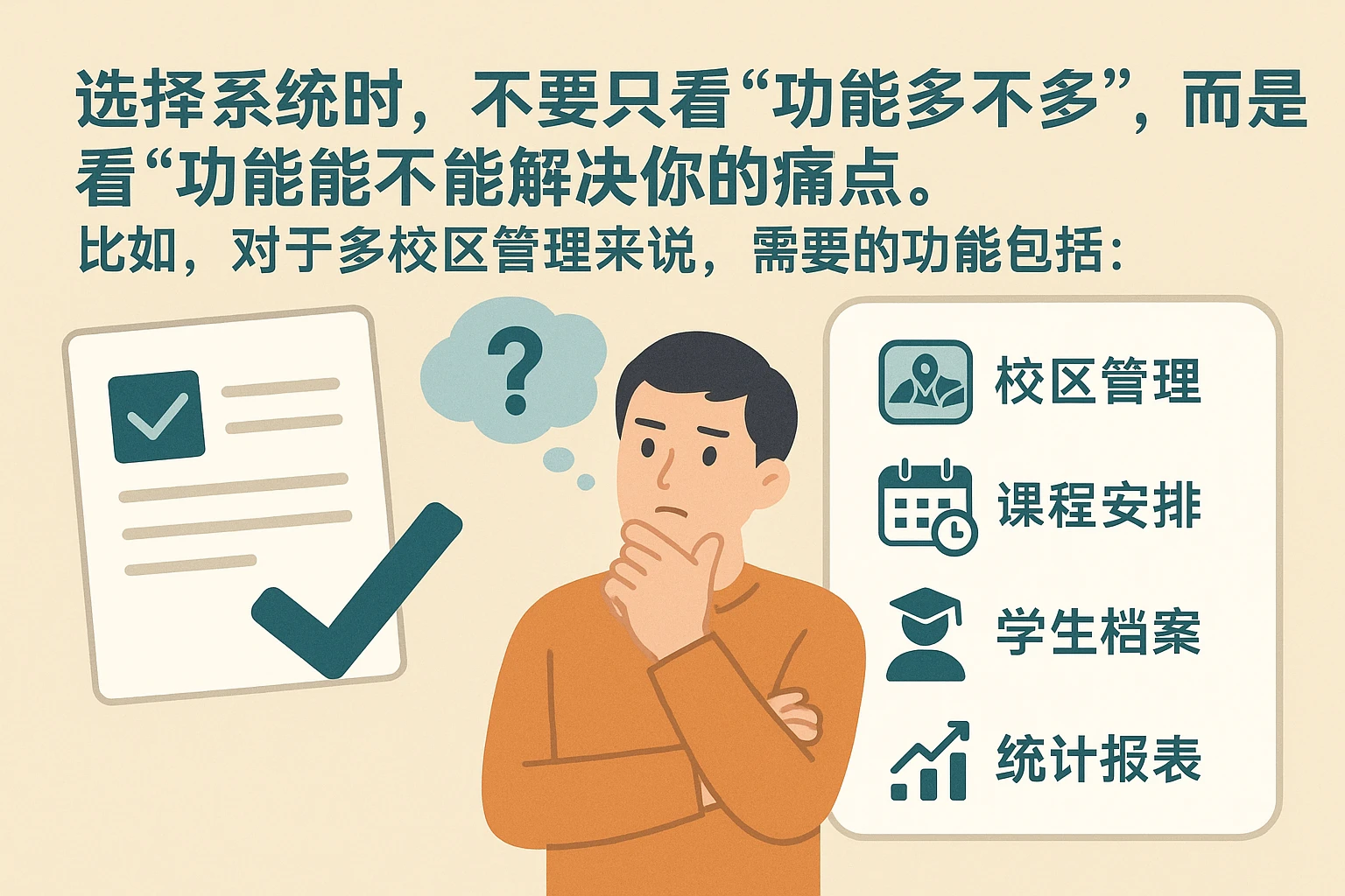 选择系统时，不要只看“功能多不多”，而是看“功能能不能解决你的痛点”。比如，对于多校区管理来说，需要的功能包括：