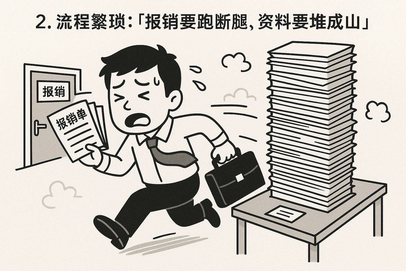 2. 流程繁琐：「报销要跑断腿，资料要堆成山」