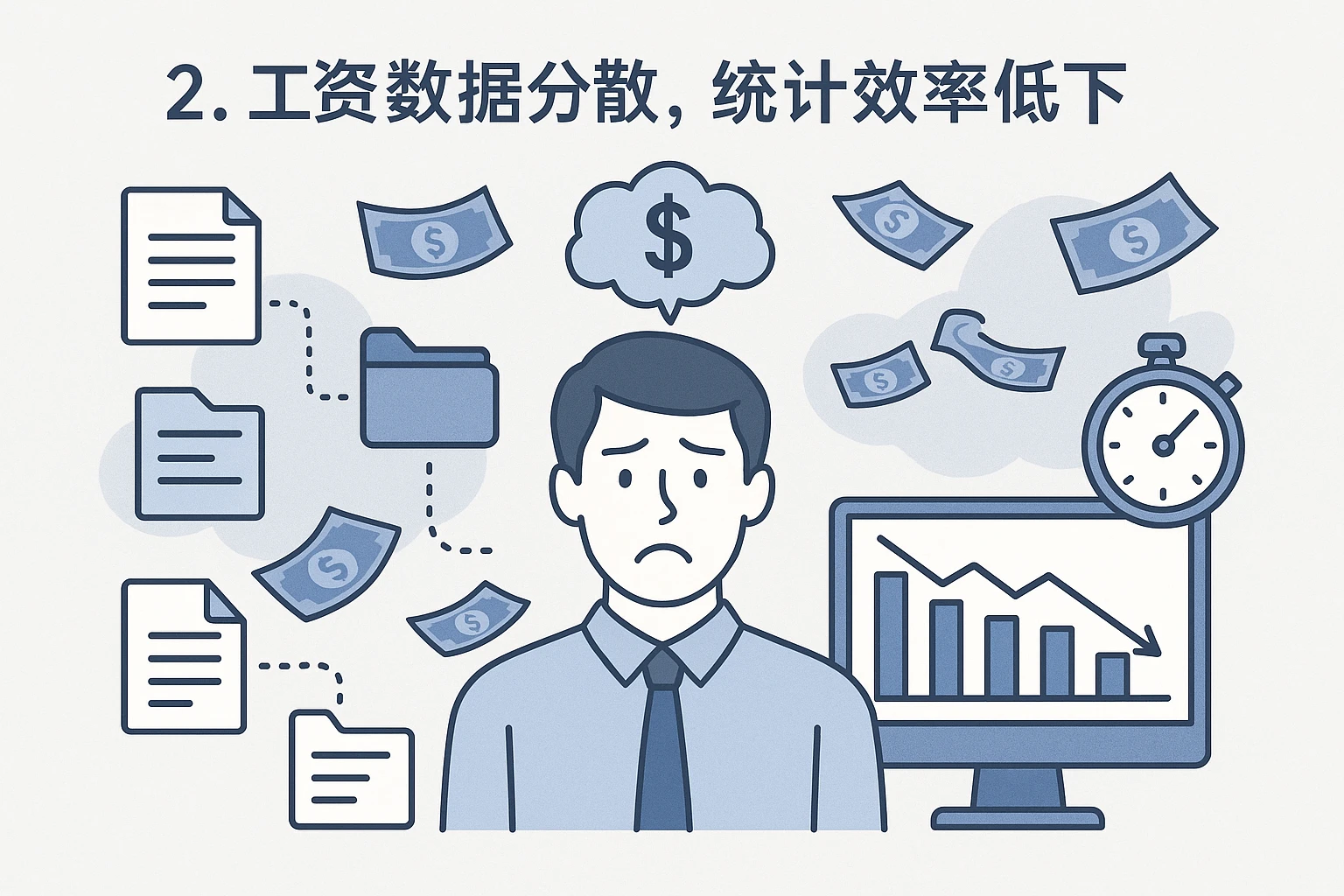 2. 工资数据分散，统计效率低下