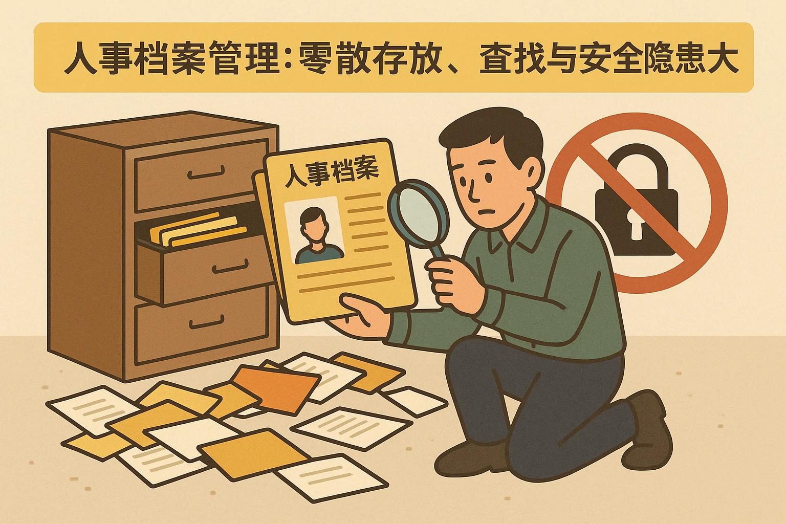 2. 人事档案管理：零散存放，查找与安全隐患大