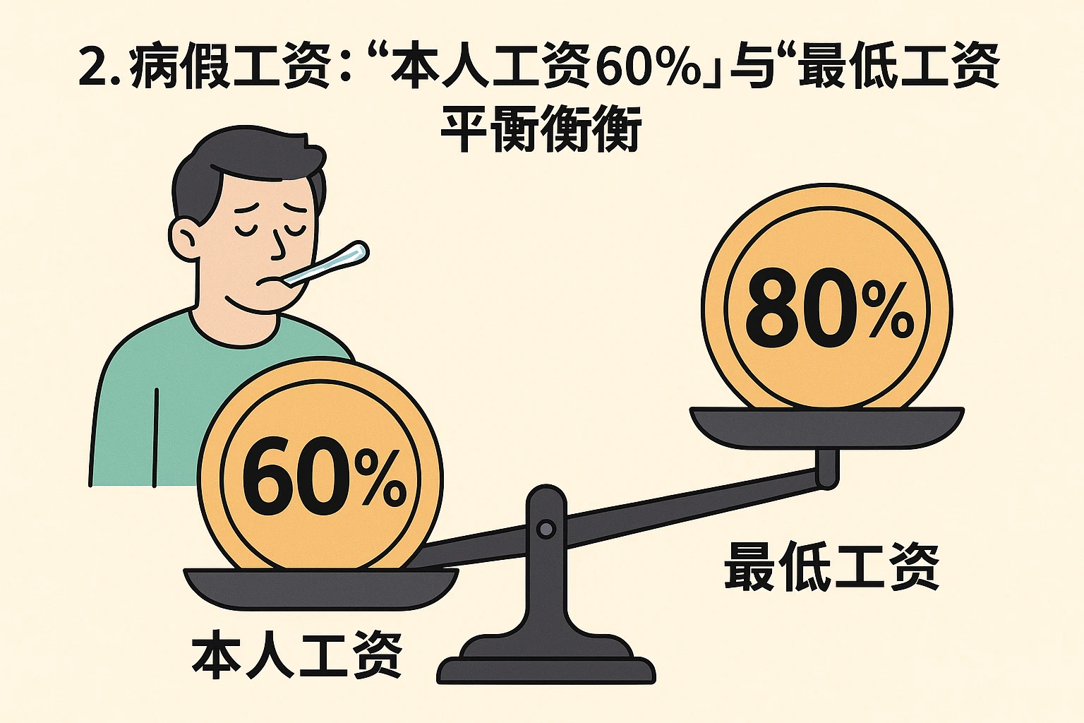 2. 病假工资：“本人工资60%”与“最低工资80%”的平衡