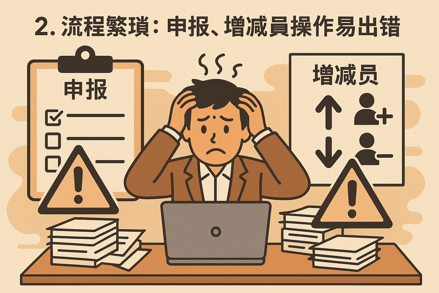 2. 流程繁琐：申报、增减员操作易出错