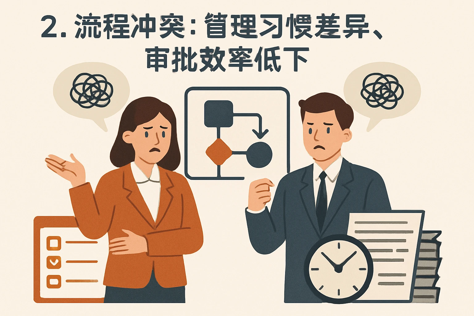 2. 流程冲突：管理习惯差异，审批效率低下