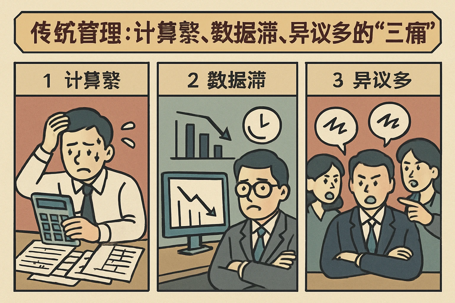 2. 传统管理：计算繁、数据滞、异议多的“三痛”
