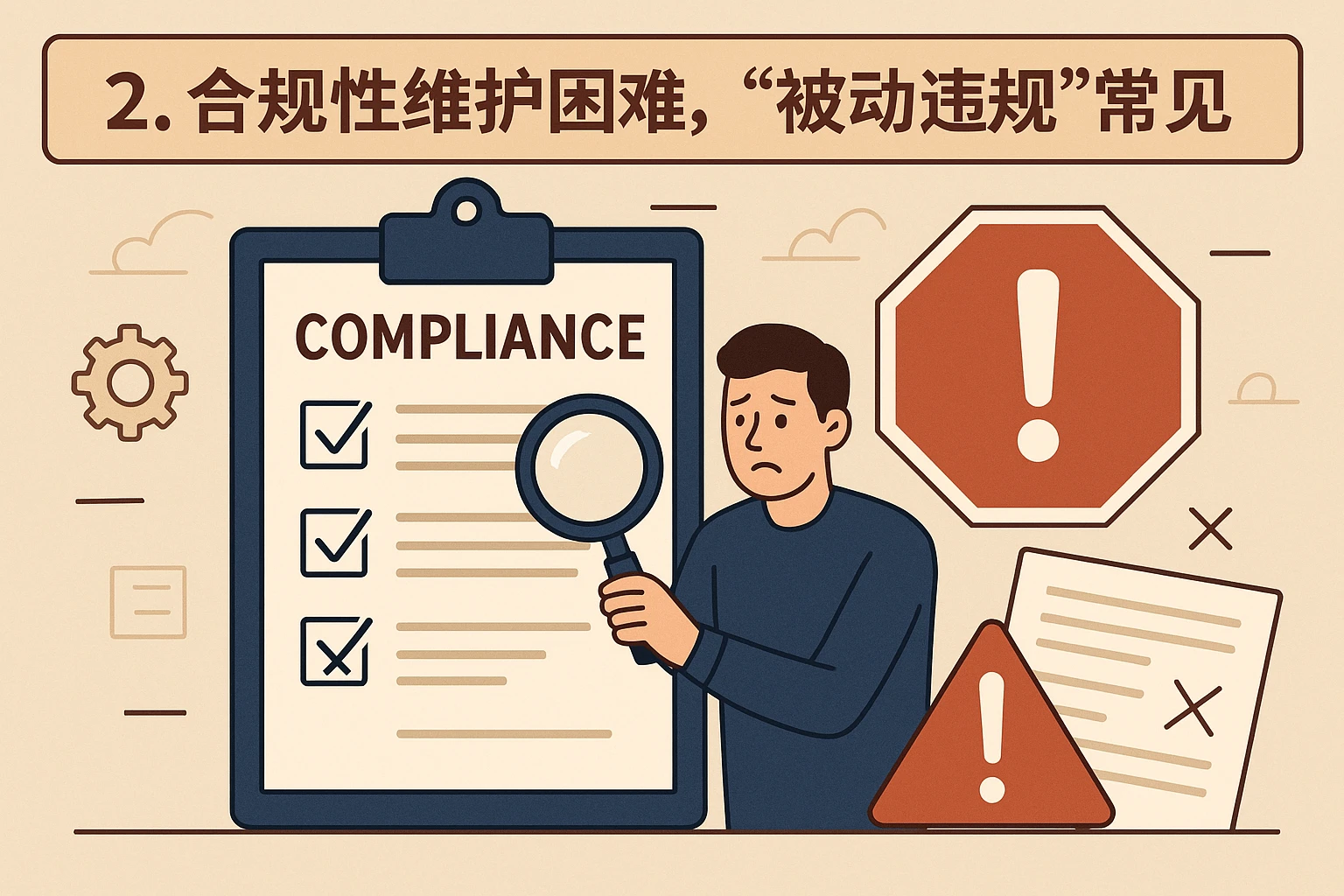 2. 合规性维护困难，“被动违规”常见