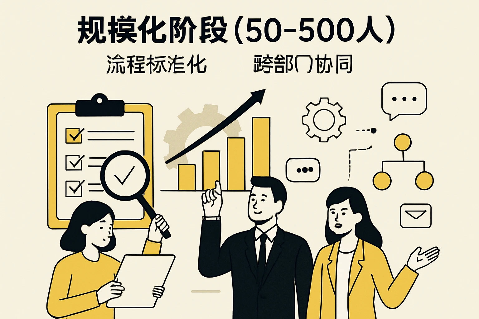 2. 规模化阶段（50-500人）：流程标准化、跨部门协同