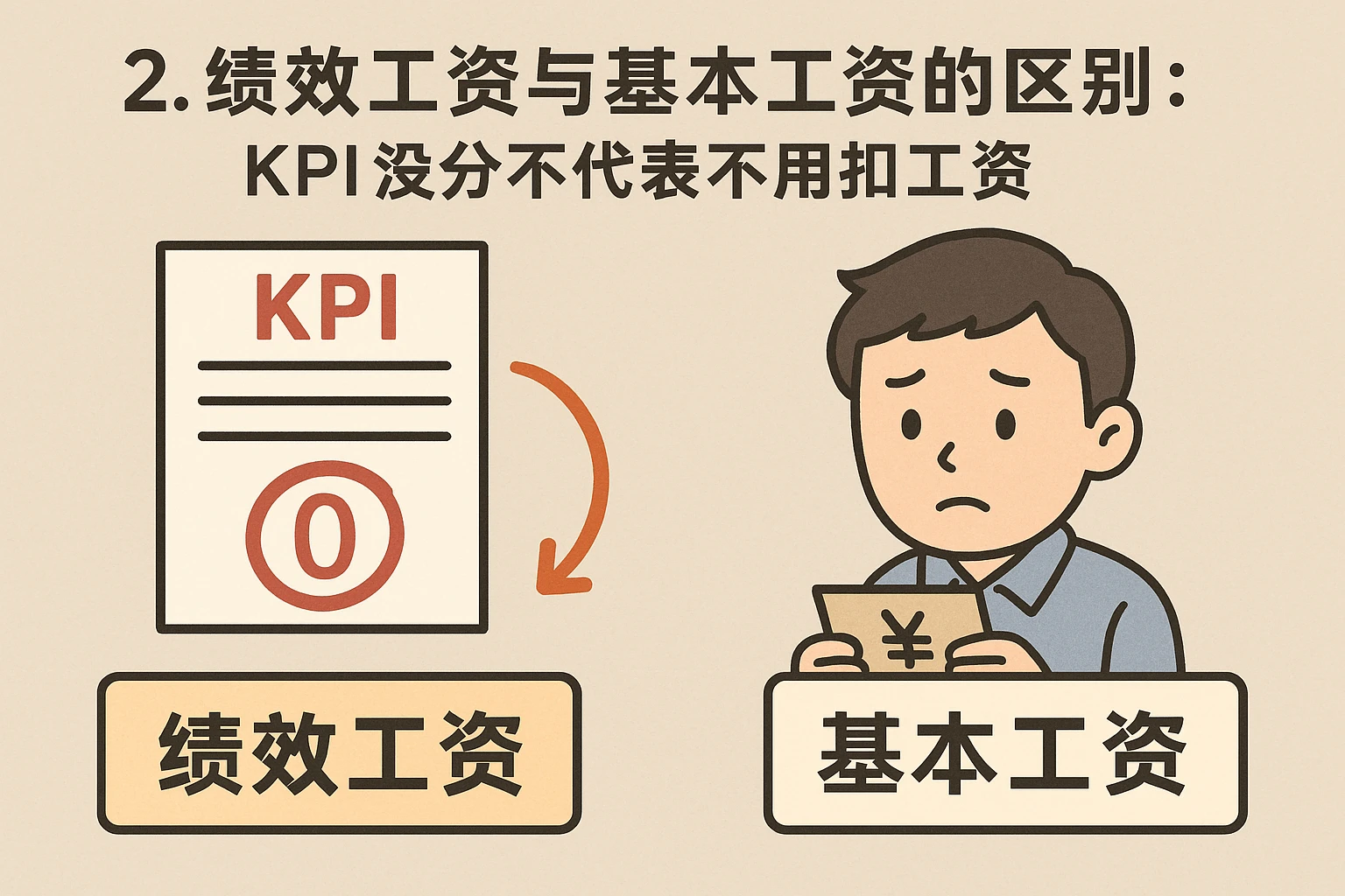 2. 绩效工资与基本工资的区别：KPI没分数不代表不用扣工资